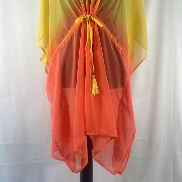 Orange & Yellow,,V neck, sheer, Tassels, swim cover up, Tunic,Top,dress, L/XL - Picture 3 of 10